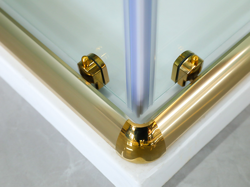 VIERKANTE verschuifbare douchewand, helder gehard glas met opdruk, goudkleurig aluminium profiel, handgreep met dubbele gaten, met lade VIERKANTE verschuifbare douchewand, helder gehard glas met opdruk, goudkleurig aluminium profiel, handgreep met dubbele gaten, met lade