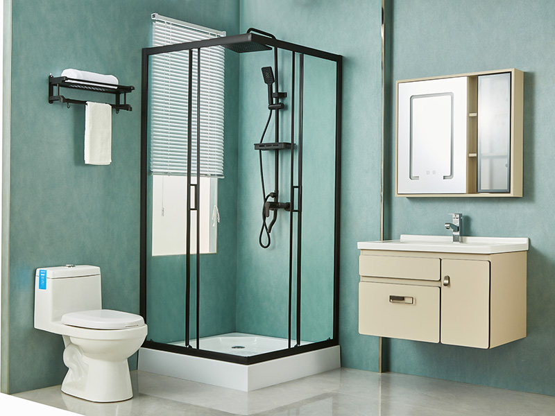 SQ verschuifbare douchewand, helder gehard glas, zwart aluminium profiel, handgreep met dubbele gaten, met lade