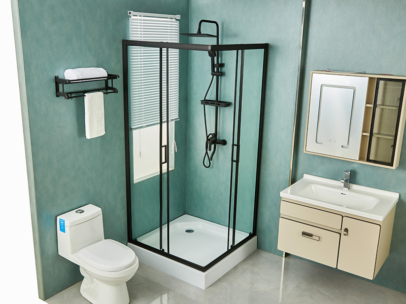 SQ verschuifbare douchewand, helder gehard glas, zwart aluminium profiel, handgreep met dubbele gaten, met lade SQ verschuifbare douchewand, helder gehard glas, zwart aluminium profiel, handgreep met dubbele gaten, met lade