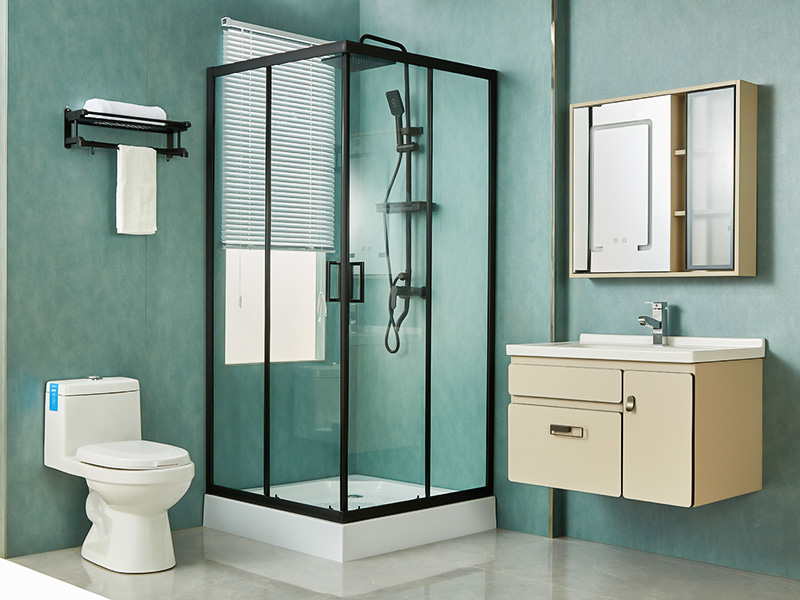 SQ verschuifbare douchewand, helder gehard glas, zwart aluminium profiel, handgreep met dubbele gaten, met lade SQ verschuifbare douchewand, helder gehard glas, zwart aluminium profiel, handgreep met dubbele gaten, met lade