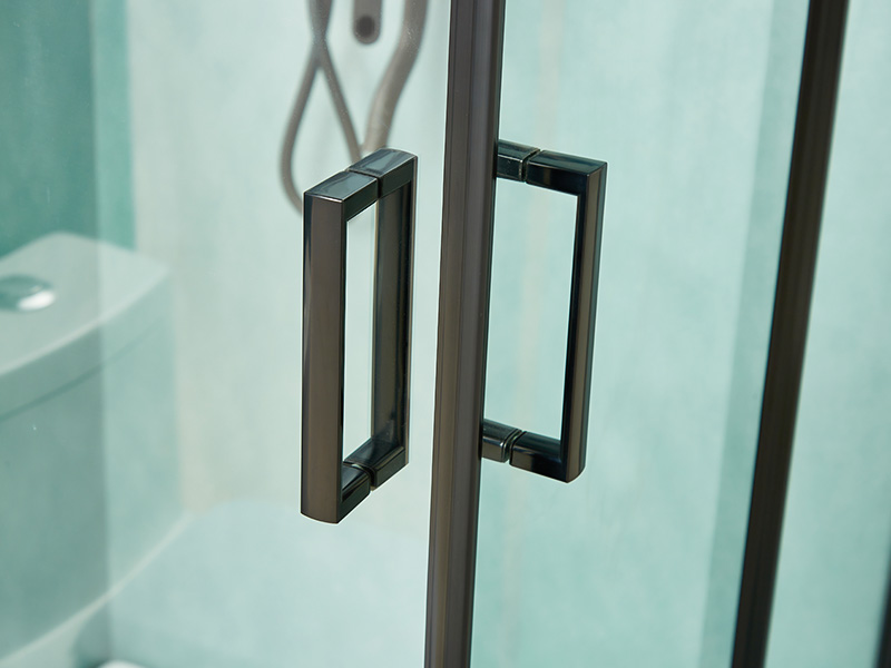 SQ verschuifbare douchewand, helder gehard glas, zwart aluminium profiel, handgreep met dubbele gaten, met lade SQ verschuifbare douchewand, helder gehard glas, zwart aluminium profiel, handgreep met dubbele gaten, met lade