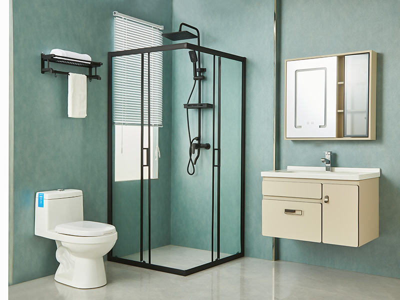 SQ verschuifbare douchewand, helder gehard glas, zwart aluminium profiel, handgreep met dubbele gaten, met lade SQ verschuifbare douchewand, helder gehard glas, zwart aluminium profiel, handgreep met dubbele gaten, met lade