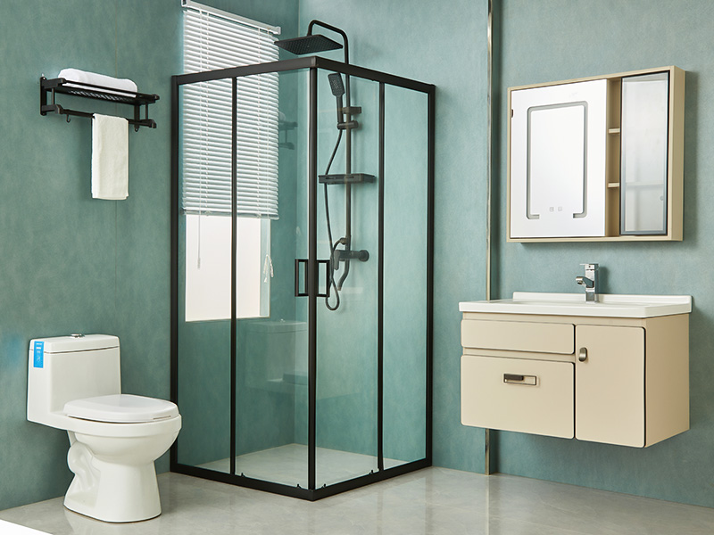 SQ verschuifbare douchewand, helder gehard glas, zwart aluminium profiel, handgreep met dubbele gaten, met lade SQ verschuifbare douchewand, helder gehard glas, zwart aluminium profiel, handgreep met dubbele gaten, met lade