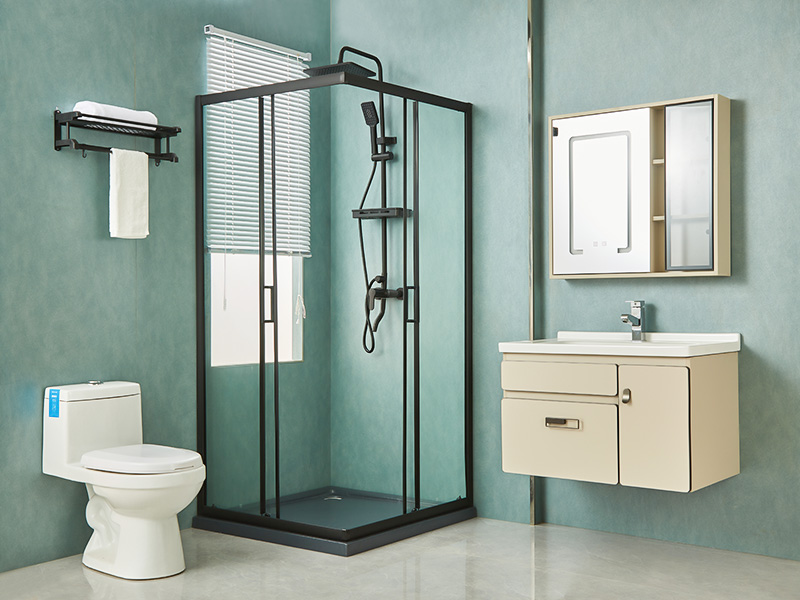 SQ verschuifbare douchewand, helder gehard glas, zwart aluminium profiel, handgreep met dubbele gaten, met lade SQ verschuifbare douchewand, helder gehard glas, zwart aluminium profiel, handgreep met dubbele gaten, met lade