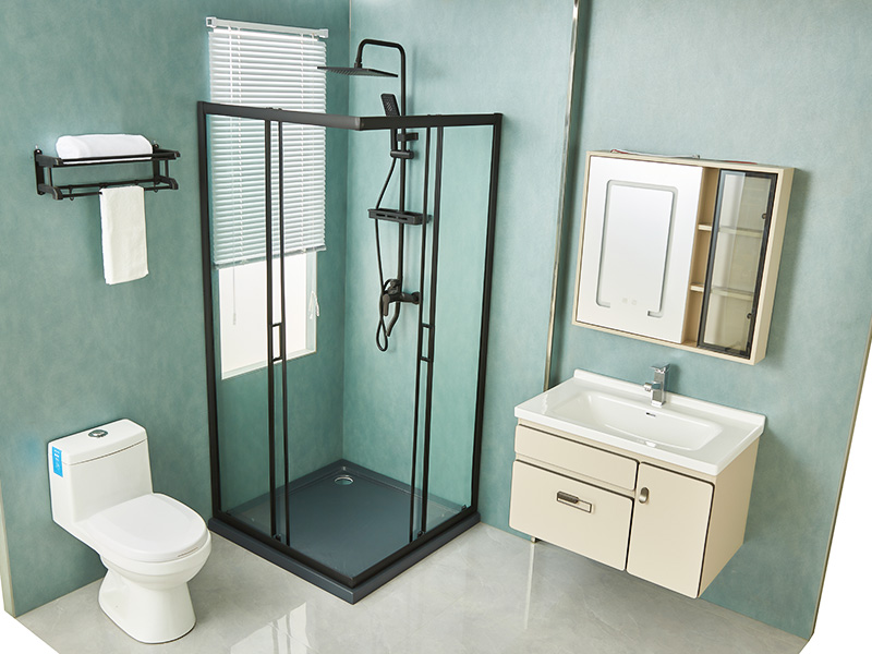 SQ verschuifbare douchewand, helder gehard glas, zwart aluminium profiel, handgreep met dubbele gaten, met lade SQ verschuifbare douchewand, helder gehard glas, zwart aluminium profiel, handgreep met dubbele gaten, met lade