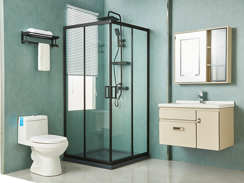 SQ verschuifbare douchewand, helder gehard glas, zwart aluminium profiel, handgreep met dubbele gaten, met lade SQ verschuifbare douchewand, helder gehard glas, zwart aluminium profiel, handgreep met dubbele gaten, met lade