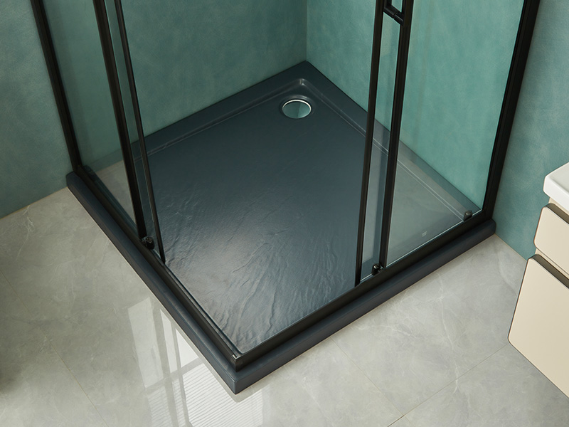 SQ verschuifbare douchewand, helder gehard glas, zwart aluminium profiel, handgreep met dubbele gaten, met lade SQ verschuifbare douchewand, helder gehard glas, zwart aluminium profiel, handgreep met dubbele gaten, met lade