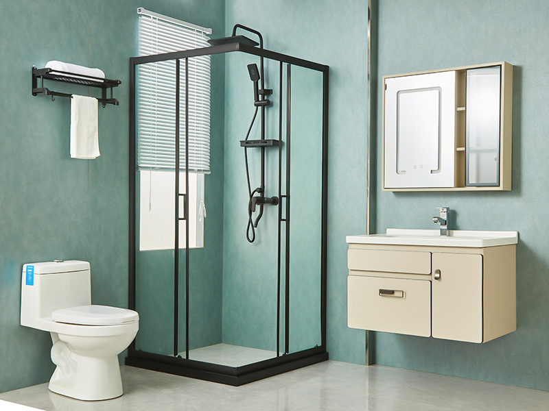 SQ verschuifbare douchewand, helder gehard glas, zwart aluminium profiel, handgreep met dubbele gaten, met lade SQ verschuifbare douchewand, helder gehard glas, zwart aluminium profiel, handgreep met dubbele gaten, met lade