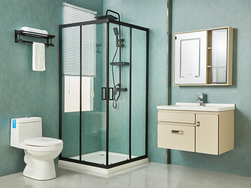 SQ verschuifbare douchewand, helder gehard glas, zwart aluminium profiel, handgreep met dubbele gaten, met lade SQ verschuifbare douchewand, helder gehard glas, zwart aluminium profiel, handgreep met dubbele gaten, met lade