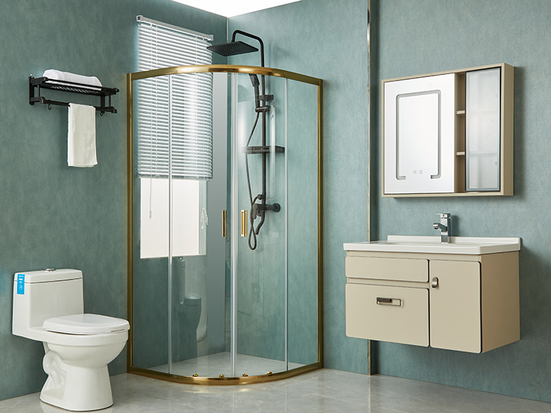 SE verschuifbare douchewand, helder gehard glas, goudkleurig aluminium profiel, handgreep met dubbele gaten, zonder lade SE verschuifbare douchewand, helder gehard glas, goudkleurig aluminium profiel, handgreep met dubbele gaten, zonder lade