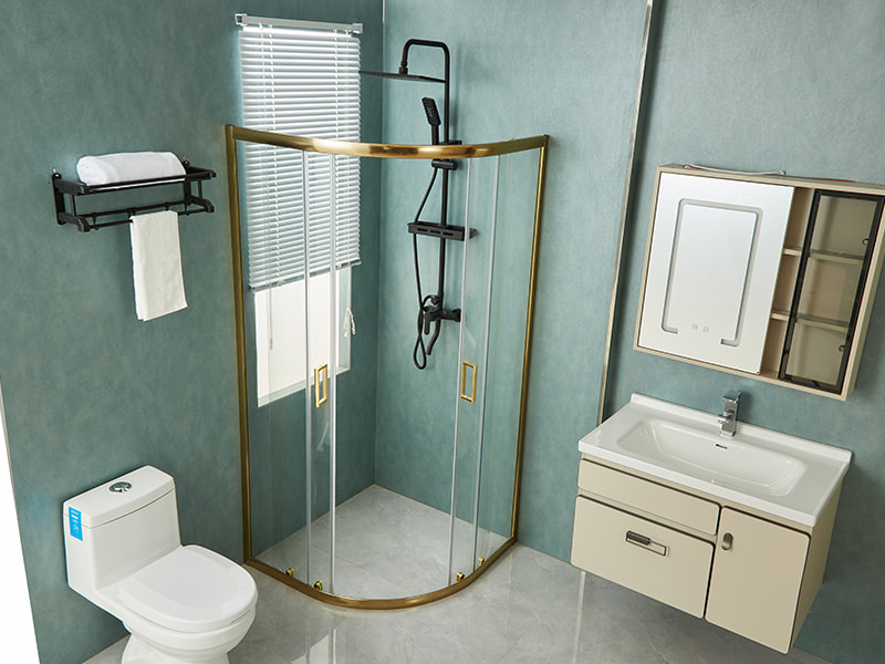 SE verschuifbare douchewand, helder gehard glas, goudkleurig aluminium profiel, handgreep met dubbele gaten, zonder lade SE verschuifbare douchewand, helder gehard glas, goudkleurig aluminium profiel, handgreep met dubbele gaten, zonder lade