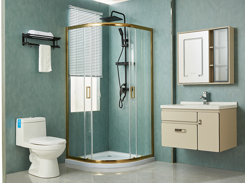 SE verschuifbare douchewand, helder gehard glas, goudkleurig aluminium profiel, handgreep met dubbele gaten, zonder lade SE verschuifbare douchewand, helder gehard glas, goudkleurig aluminium profiel, handgreep met dubbele gaten, zonder lade