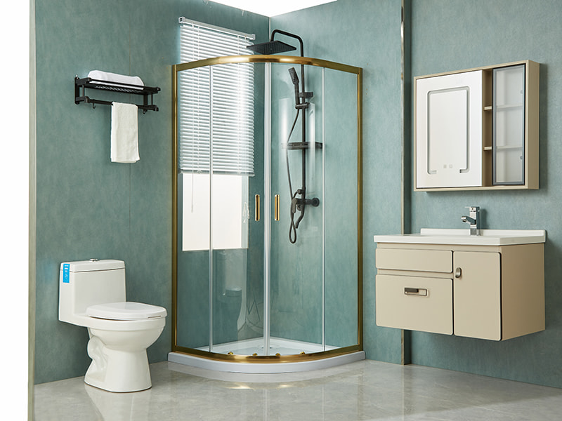 SE verschuifbare douchewand, helder gehard glas, goudkleurig aluminium profiel, handgreep met dubbele gaten, zonder lade SE verschuifbare douchewand, helder gehard glas, goudkleurig aluminium profiel, handgreep met dubbele gaten, zonder lade