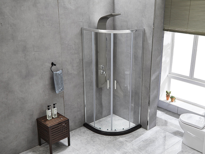 SE verschuifbare douchewand, helder gehard glas, chroomaluminium profiel, handgreep met dubbele gaten, zonder lade SE verschuifbare douchewand, helder gehard glas, chroomaluminium profiel, handgreep met dubbele gaten, zonder lade