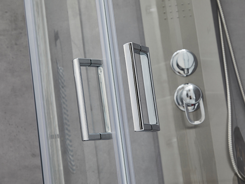 SE verschuifbare douchewand, helder gehard glas, chroomaluminium profiel, handgreep met dubbele gaten, zonder lade SE verschuifbare douchewand, helder gehard glas, chroomaluminium profiel, handgreep met dubbele gaten, zonder lade