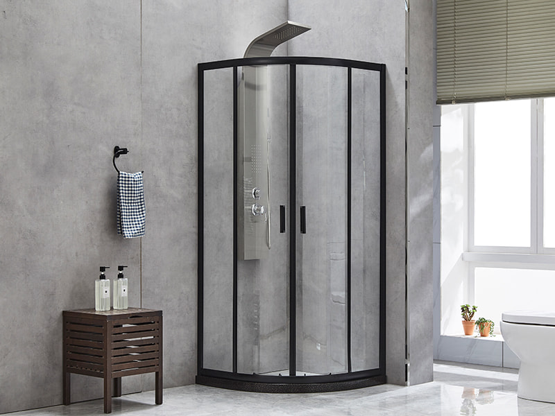 SE verschuifbare douchewand, helder gehard glas, zwart aluminium profiel, handgreep met dubbele gaten, zonder lade