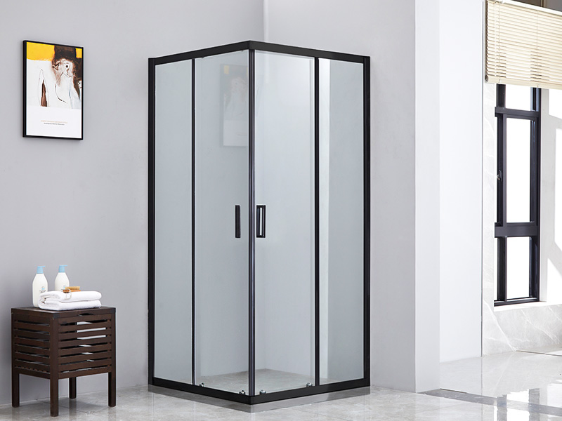 SQ verschuifbare douchewand, helder gehard glas, zwart aluminium profiel, handgreep met dubbele gaten, zonder lade