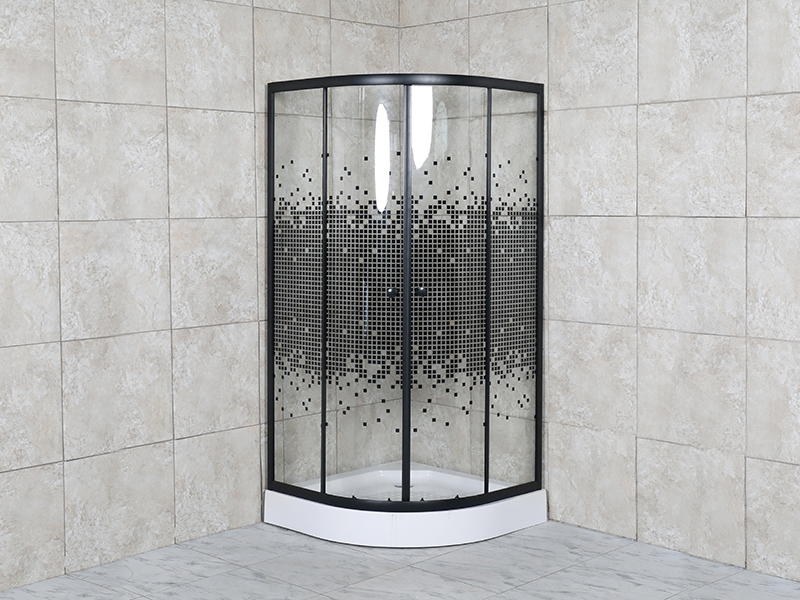 SE verschuifbare douchewand, helder gehard glas met mozaïekprint, zwart gelakt aluminium, handgreep met dubbele gaten, met lade