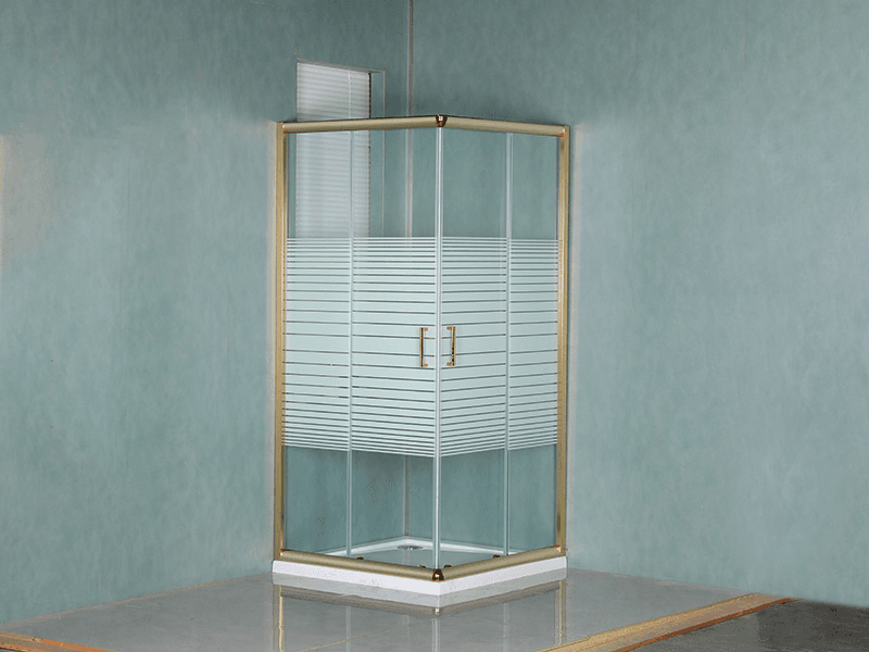 VIERKANTE verschuifbare douchewand, helder gehard glas met opdruk, goudkleurig aluminium profiel, handgreep met dubbele gaten, met lade