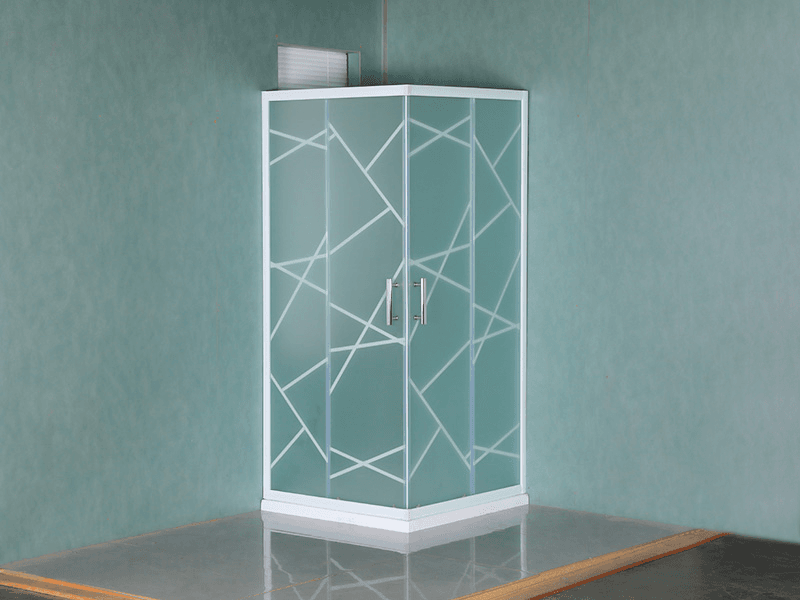 SQ verschuifbare douchecabine, mat gehard glas met opdruk, wit aluminium profiel, handgreep met dubbele gaten, met lade