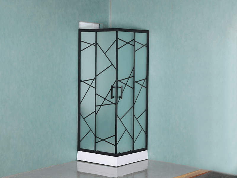 SQ verschuifbare douchecabine, mat gehard glas met opdruk, zwart aluminium profiel, handgreep met dubbele gaten, met lade
