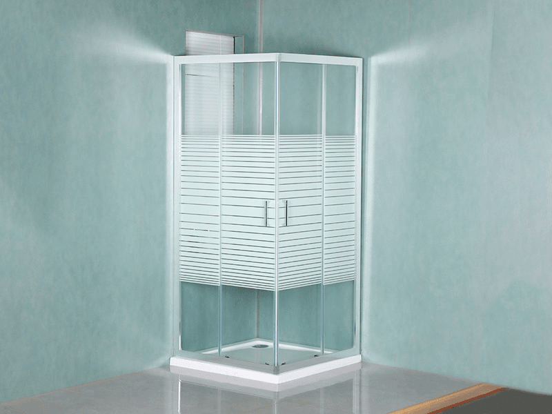 VIERKANTE verschuifbare douchewand, helder gehard glas met opdruk, wit aluminium profiel, handgreep met dubbele gaten, met lade