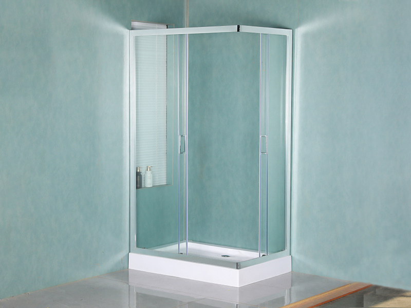 RE Schuifdouchewand, helder gehard glas, chroomaluminium profiel, handgreep met dubbele gaten, met lade