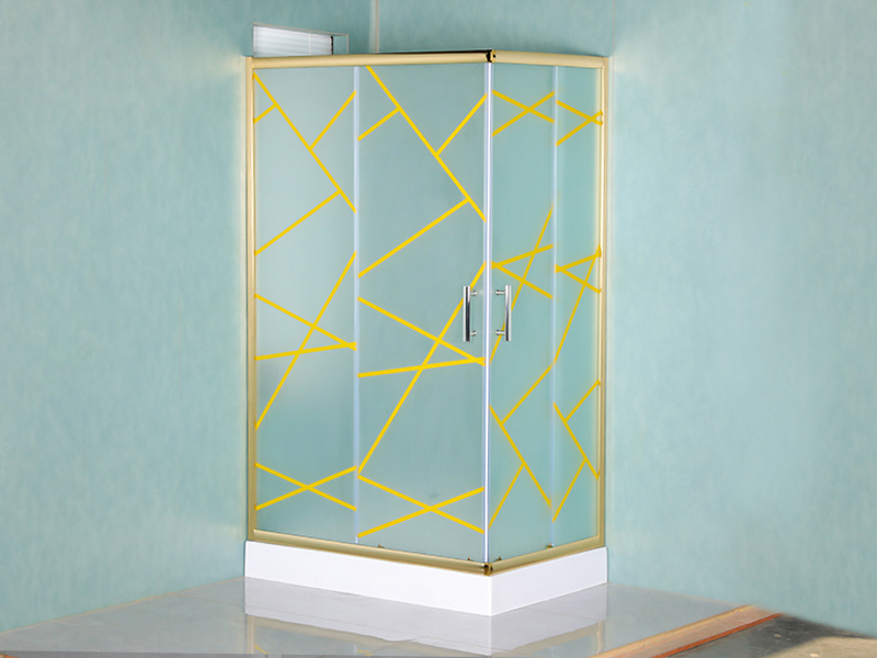 RE Glijdende douchecabine, mat gehard glas met opdruk, goudkleurig aluminium profiel, handgreep met dubbele gaten, met lade