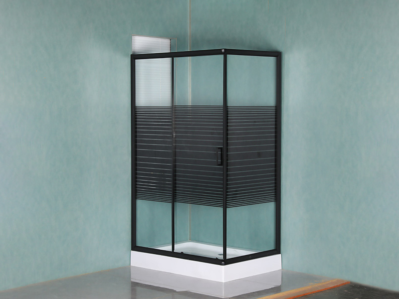RE Schuifdouchewand, helder gehard glas met opdruk, zwart aluminium profiel, handgreep met dubbele gaten, met lade